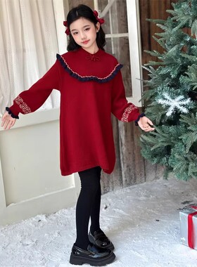 女童针织连衣裙拜年服红色裙子潮