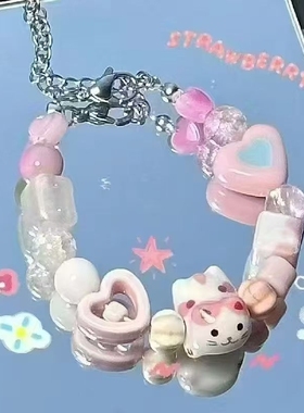 可爱猫咪串珠弹力绳手链女萌趣个性时尚小众优雅精致百搭手环手饰