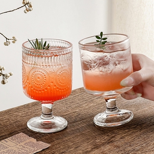 复古ins风太阳花浮雕玻璃杯高颜值酒杯设计感饮料果汁高脚水杯子