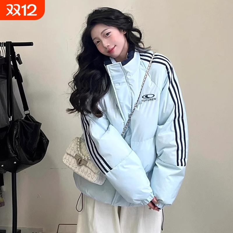 户外2025新款冬季羽绒服女条纹棉服加厚小个子保暖面包服黑色白色
