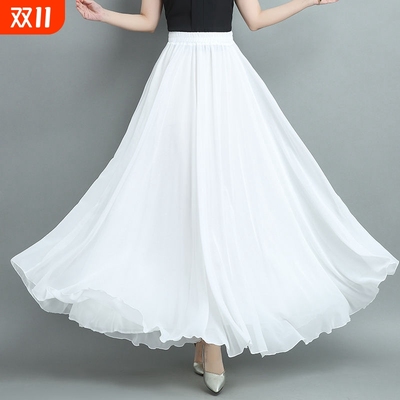 540度休闲沙滩半身裙大摆裙三层雪纺白色舞蹈裙长裙仙气红色裙摆
