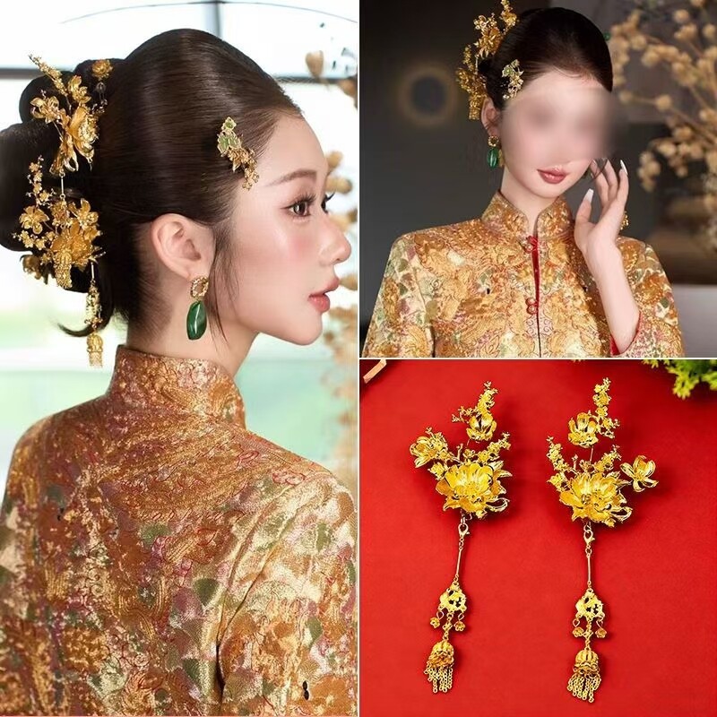 新中式新娘婚礼专用牡丹花流苏头饰发夹秀禾服龙凤褂旗袍结婚配饰