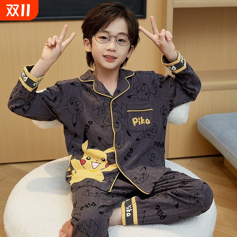 男童睡衣春秋季卡通翻领长袖长裤家居服青少年套装中大童小男孩子