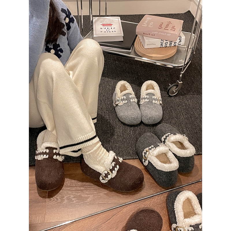灰色复古内增高厚底加绒雪地棉鞋女冬2025新款加厚保暖毛毛勃肯鞋