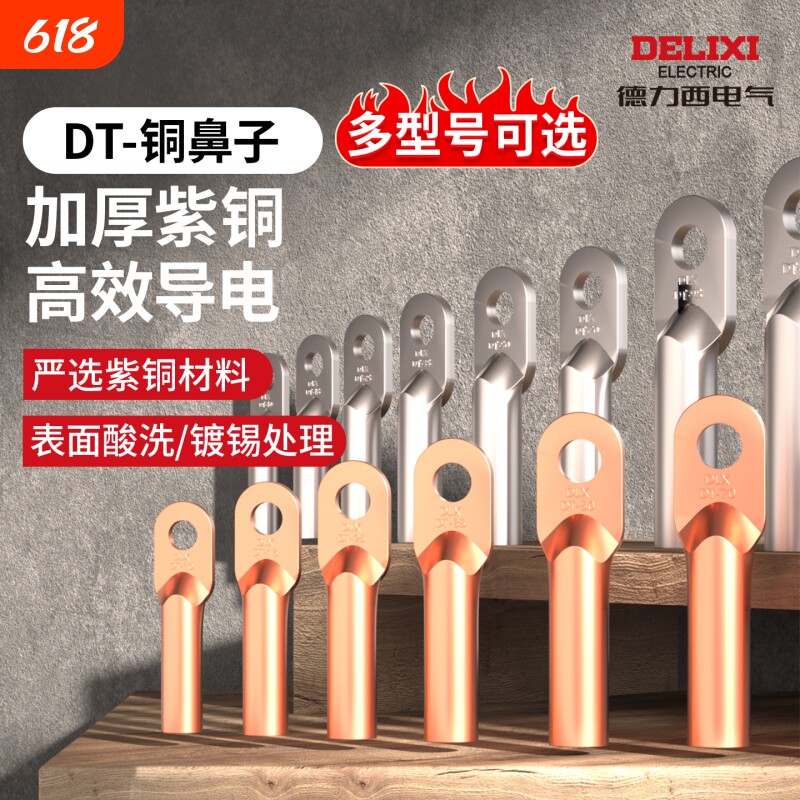 德力西电气DT铜鼻子接线端子紫铜酸洗镀银型号齐全10/16/120/300