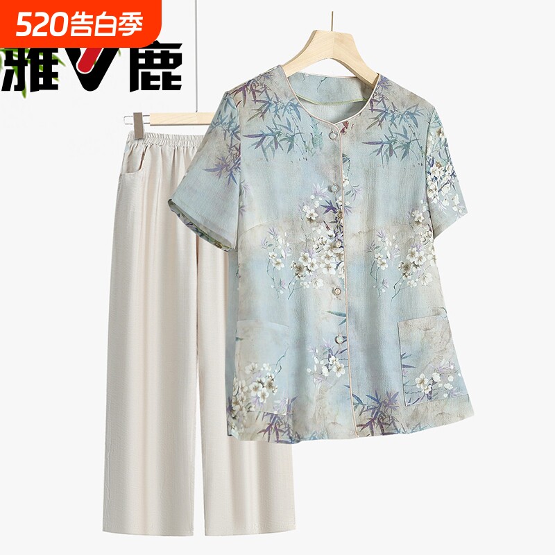 雅鹿中老年人衬衫夏装上衣女奶奶短袖两件套装妈妈夏季薄太太衣服
