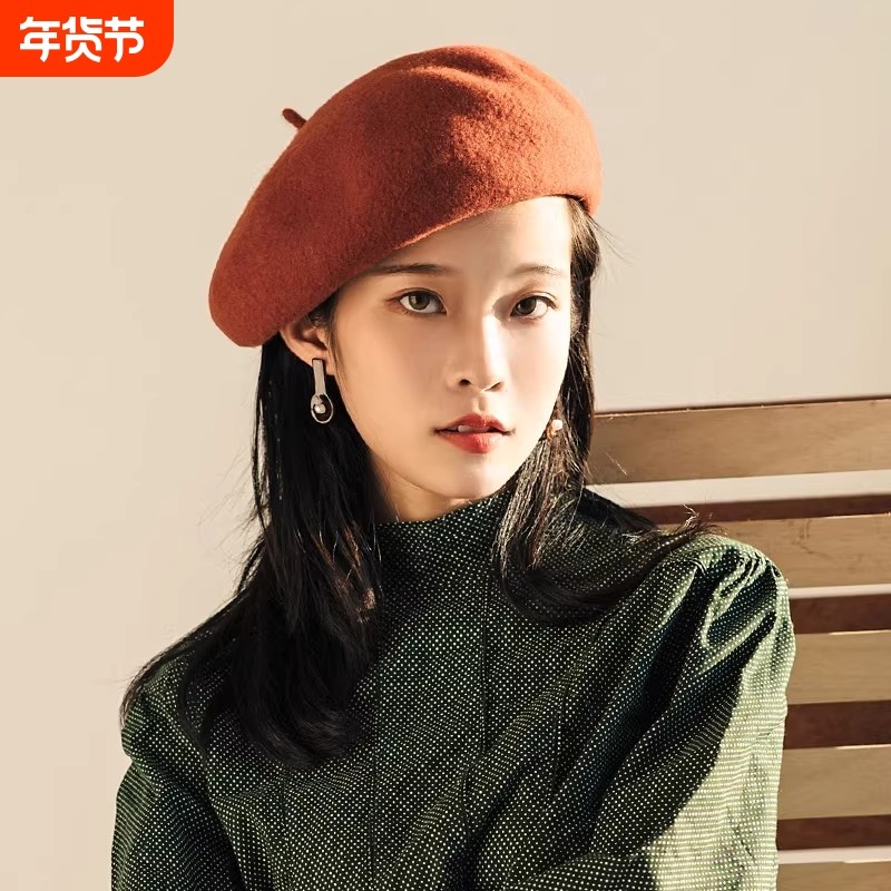 疯帽子贝雷帽女羊毛秋冬季画家帽大头围红色黑色紫色白色灰色特别