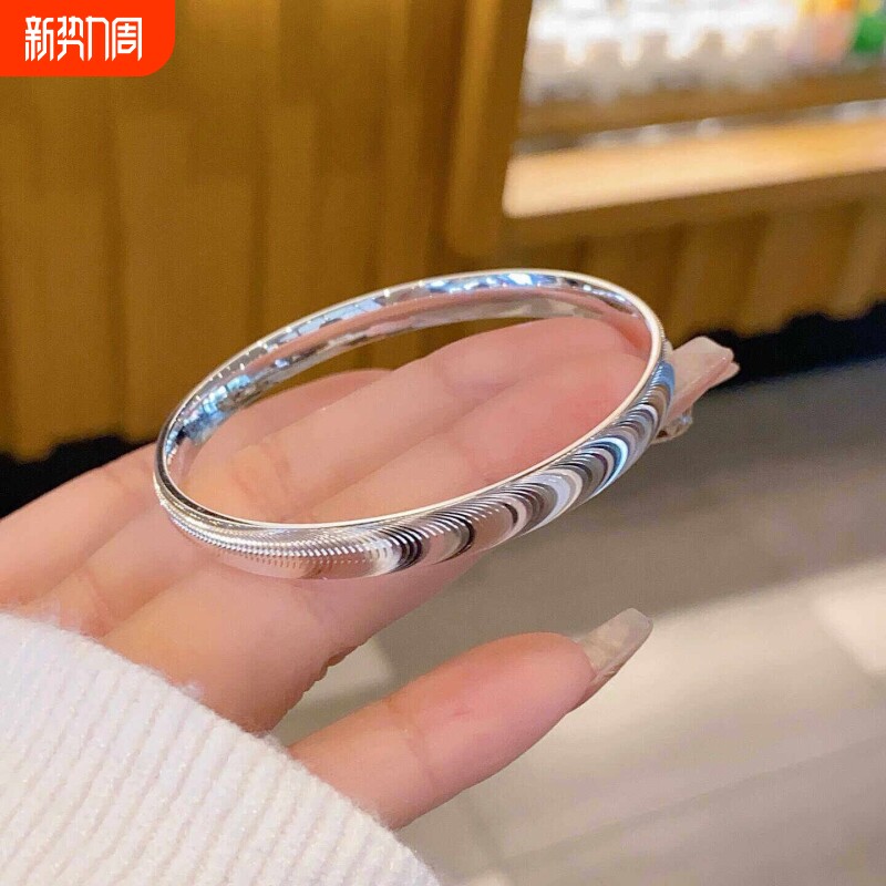 【幂琳】猫眼银手镯女纯银9999足银时尚拉丝闭口实心银镯子小众设