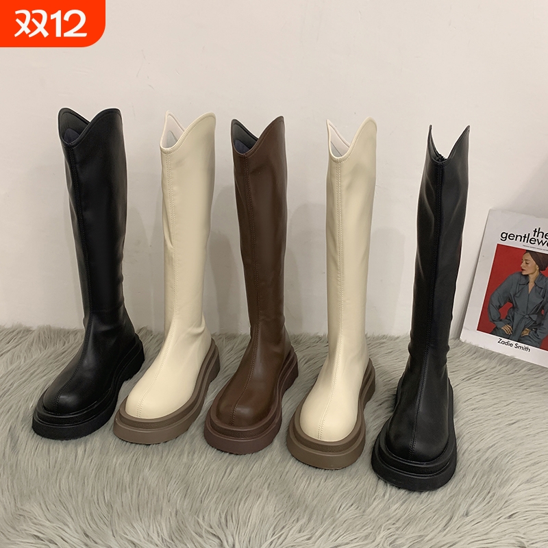 他她女孩靴子女长筒靴秋2025新款皮靴高筒长靴白色骑士靴百搭小腿