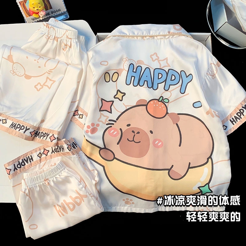 儿童夏季薄款卡通卡皮巴拉女童短袖长裤冰丝亲子睡衣家居服套装