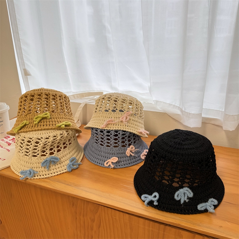 法式镂空蓝色蝴蝶结草帽女新款夏季海边帽子小众设计感防晒遮阳帽