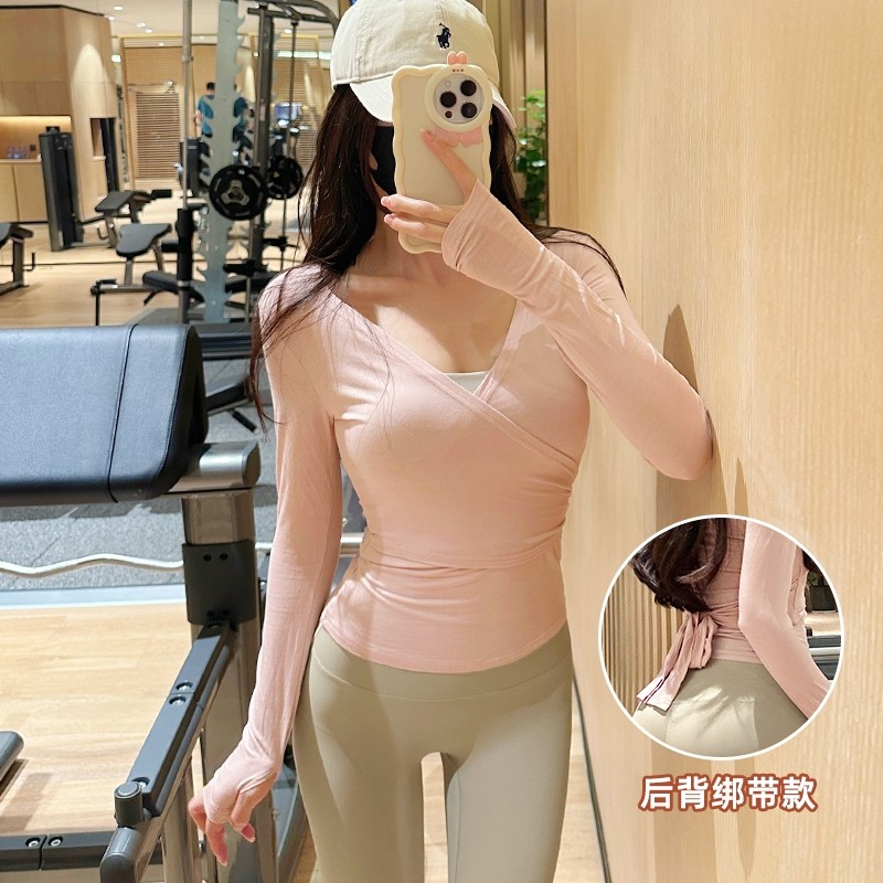 普拉提长袖绑带瑜伽服女修身训练服粉色绝美健身上衣运动罩衫套装
