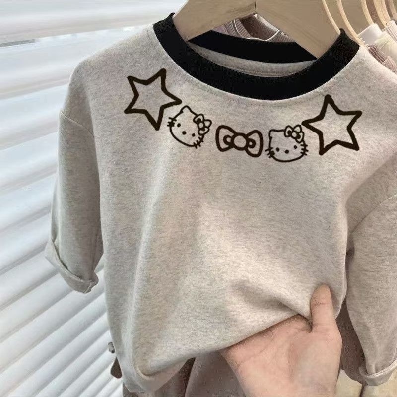 纯棉新款女宝拼色卡通中大童ktT恤全棉儿童长袖女童打底上衣春秋M