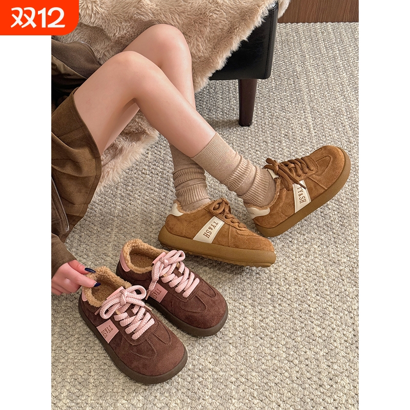 贾不假雪地靴女款2025新款秋冬季洋气德训鞋厚底加绒保暖棉鞋棕色