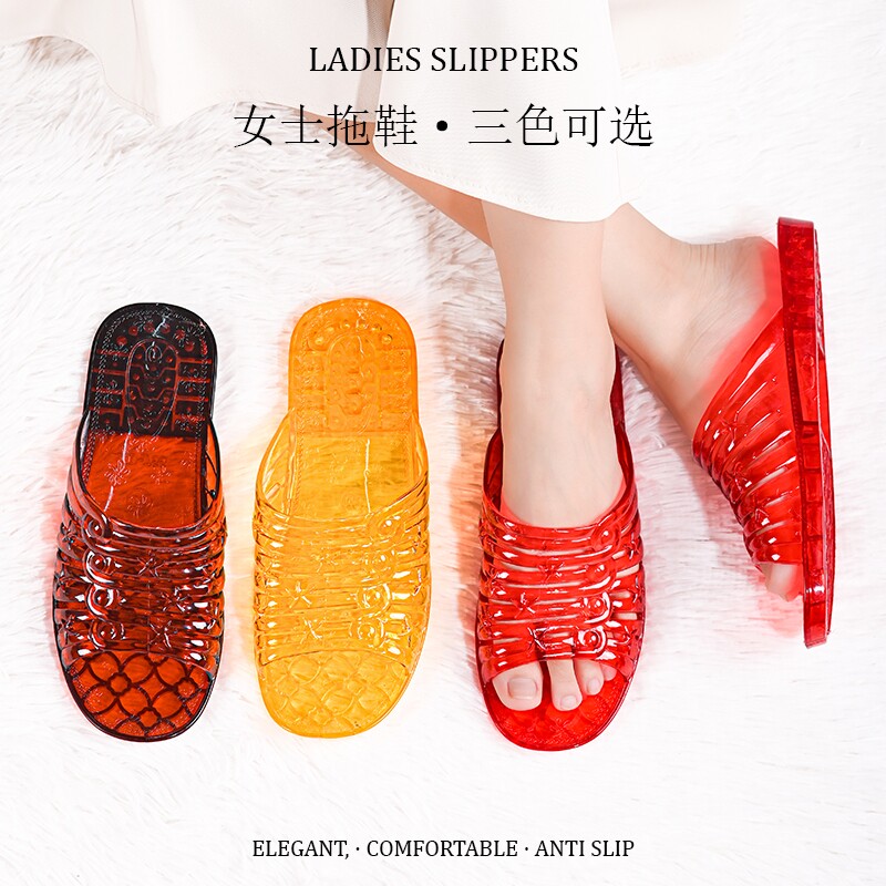 2025水晶一字拖鞋女加厚平底防臭妈妈中老年拖鞋塑料透明户外凉拖