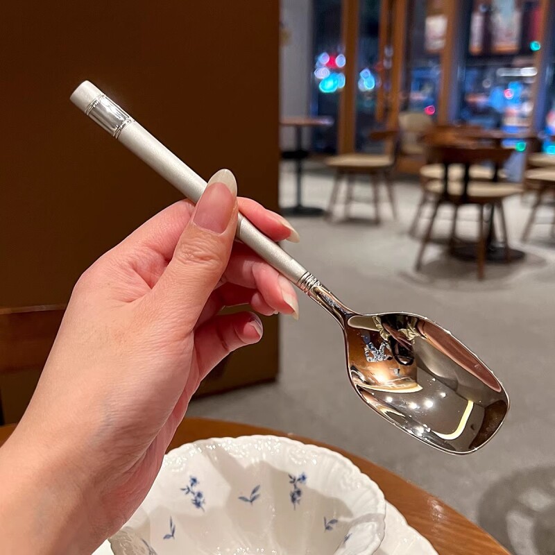 轻奢设计师款！好看！18/10不锈钢灯笼柄勺子喝粥主餐勺方长头勺