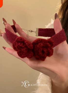 【寻光】圣诞节红色毛线玫瑰花choc ker项链女秋冬新年氛围感围脖