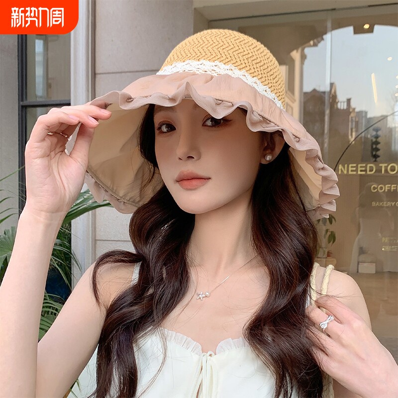 草帽女新款日系小清新蕾丝草编帽子夏季出游防晒帽大檐沙滩遮阳帽