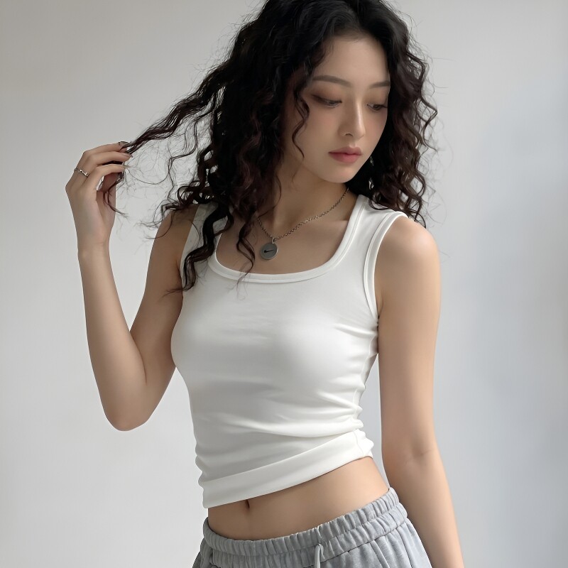 方领纯棉背心女夏季新款修身显瘦内搭外穿无袖打底衫高弹黑色白色图片