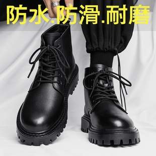 鞋 马丁靴男款 增高防滑防水纯黑工装 英伦复古中帮皮鞋 圆头 高帮夏季