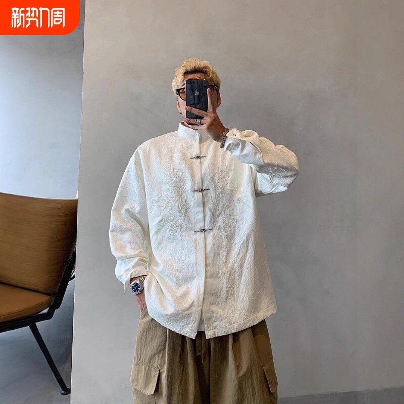 2026春秋季新款刺绣中国风立领衬衫新中式衬衣男潮流男装白色黑色