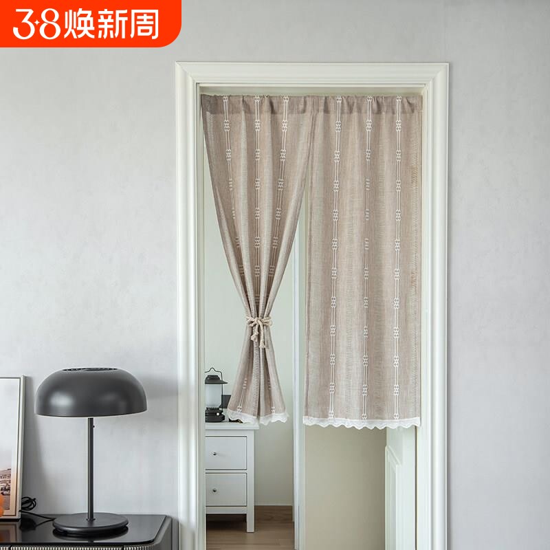日系加厚棉麻门帘半帘短门帘免打孔隔断帘布艺家用卧室厨房柜子帘