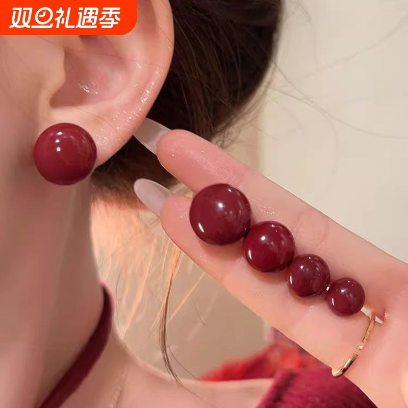 安可拉红扁圆超仙耳钉女复古港风气质高级感耳环轻奢养耳洞红耳饰