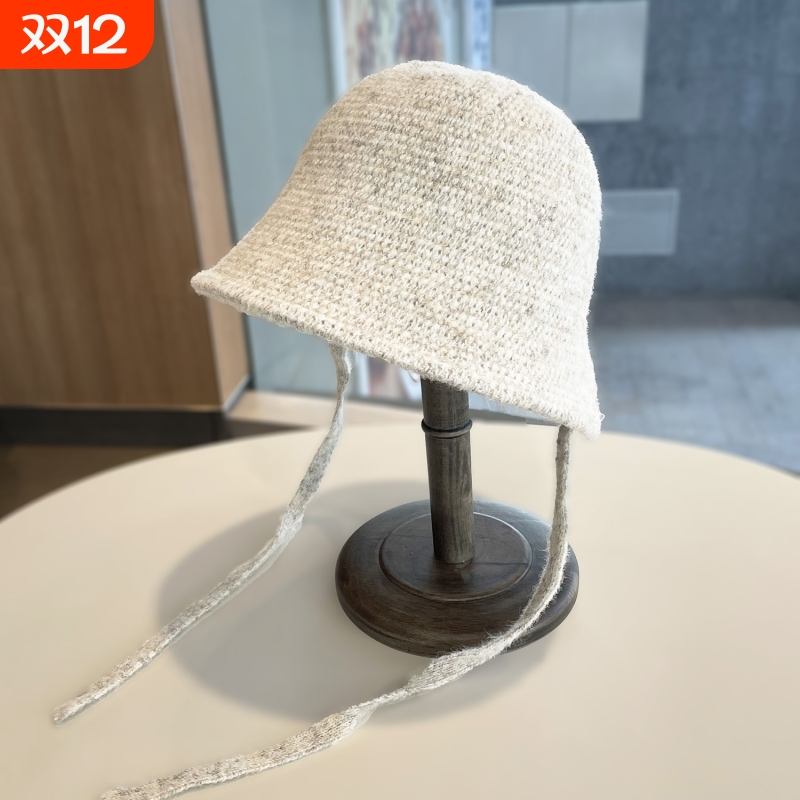 针织水桶帽子女秋冬保暖显脸小盆帽后开叉护耳毛线渔夫帽灰色白色