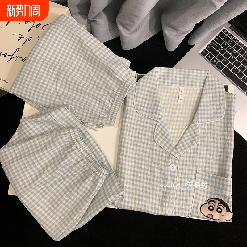 红豆蜡笔小新情侣睡衣女男士夏季纯棉纱布短袖三件套装薄款家短裤