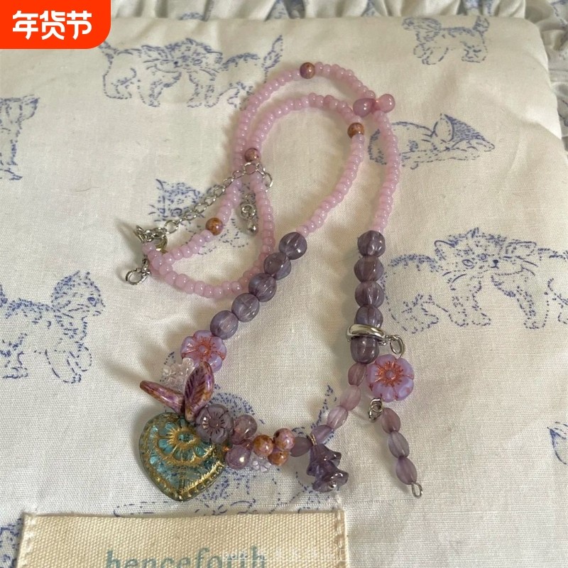「桑葚清酒」紫色清新爱心吊坠花朵串珠春夏vintage爆款项链锁