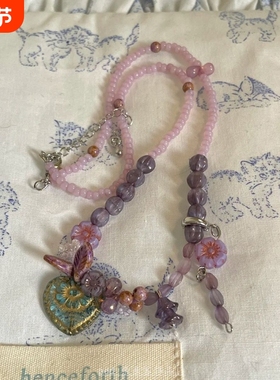 「桑葚清酒」紫色清新爱心吊坠花朵串珠春夏vintage爆款项链锁骨