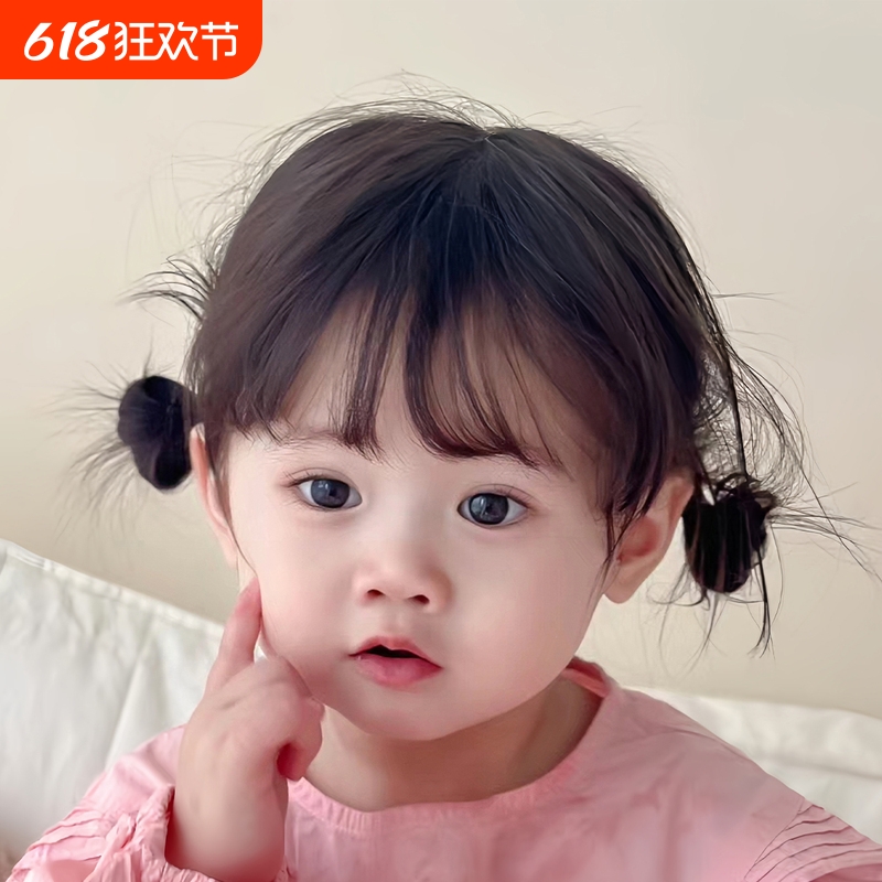 双丸子头儿童假发女自然空气刘海短发萌娃头套全头齐刘海真人发丝