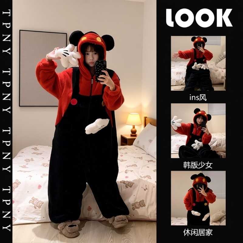 米奇珊瑚绒连体睡衣睡袍秋冬可外穿可出门休闲家居服套装加绒加厚