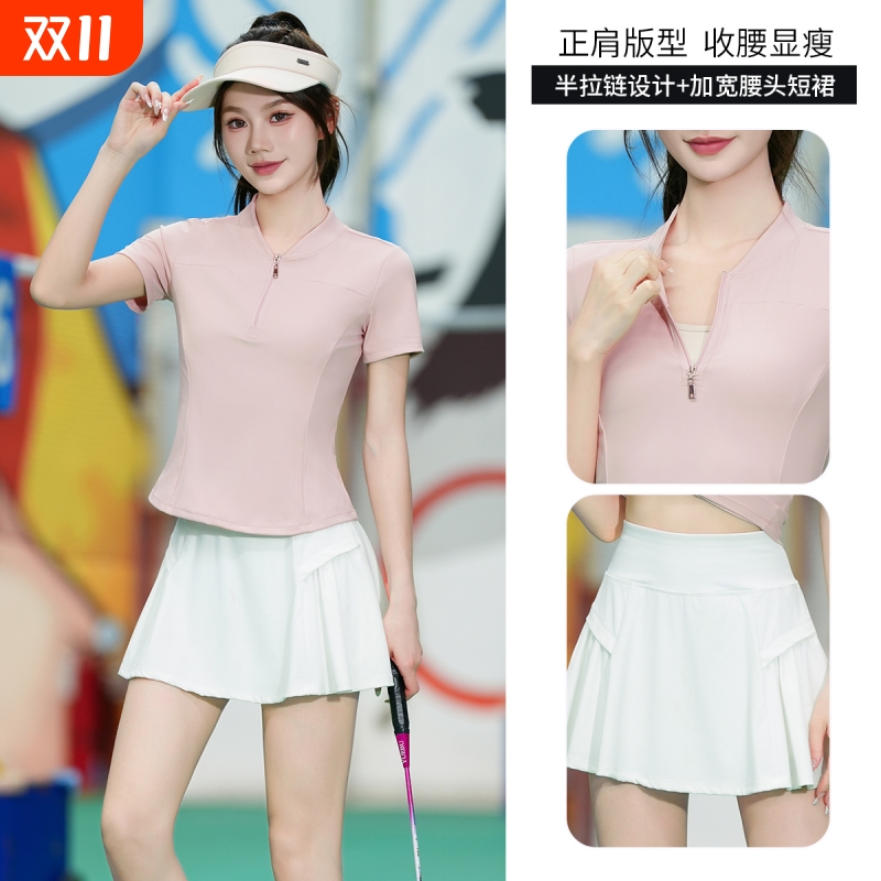透气运动套装女半拉链羽毛球速干网球服户外跑步短裙黑色训练