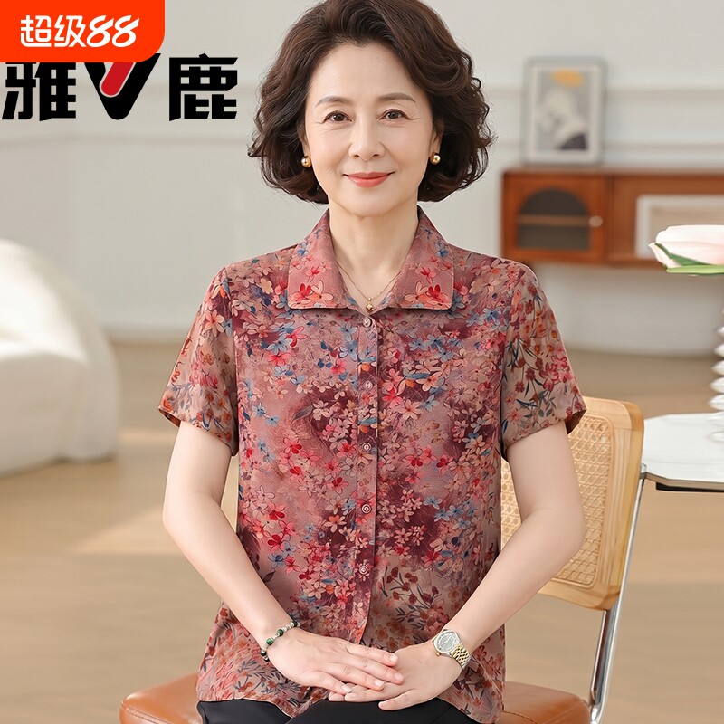 妈妈夏装薄款碎花衬衫短袖T恤图片