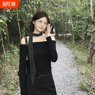 2025新款系脖黑色波点丝巾女高级感韩系长条飘带领巾发带红色白色