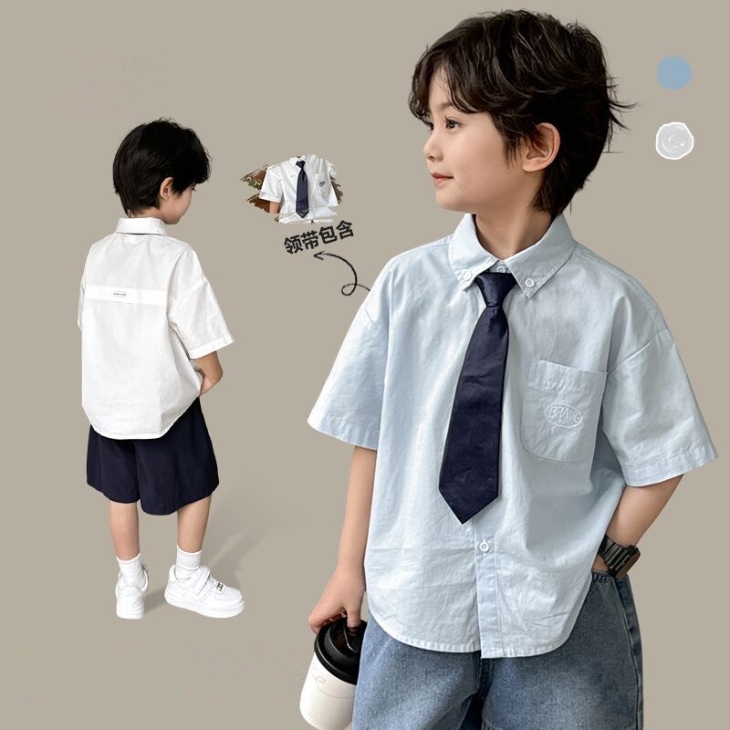 男童衬衫短袖纯棉夏装2026新款男孩学院风白色衬衣儿童制服班服