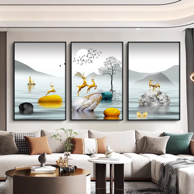 现代简约客厅装饰画沙发背景墙挂画欧式轻奢三联画大气发财鹿壁画图片