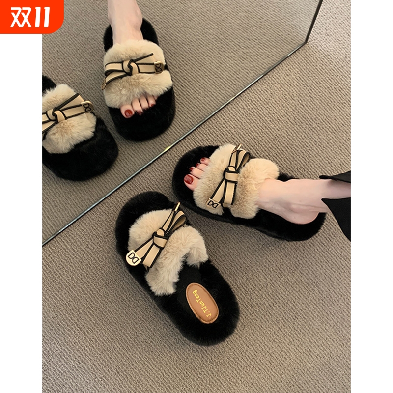 增高7cm毛毛棉拖鞋女2025秋冬新款网红居家外穿鞋子时尚防滑黑色