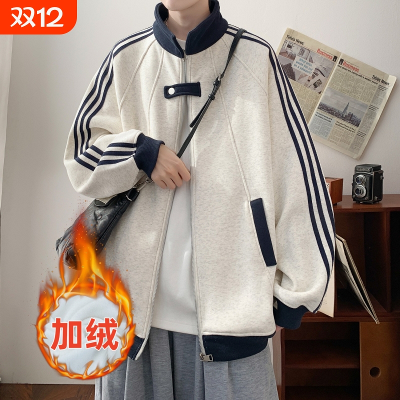 美式高街条纹夹克外套男秋潮牌拼接青少年上衣宽松百搭运动棒球服