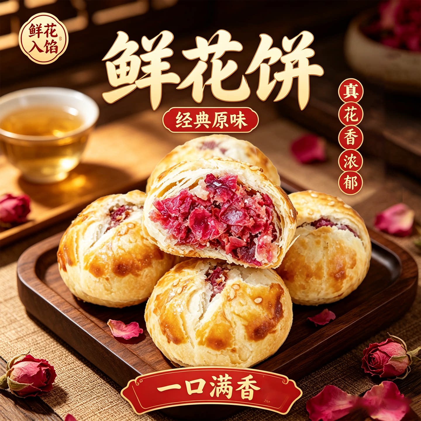 云南特产现烤鲜花饼开口笑鲜花酥玫瑰花饼零食糕点送礼手工礼盒