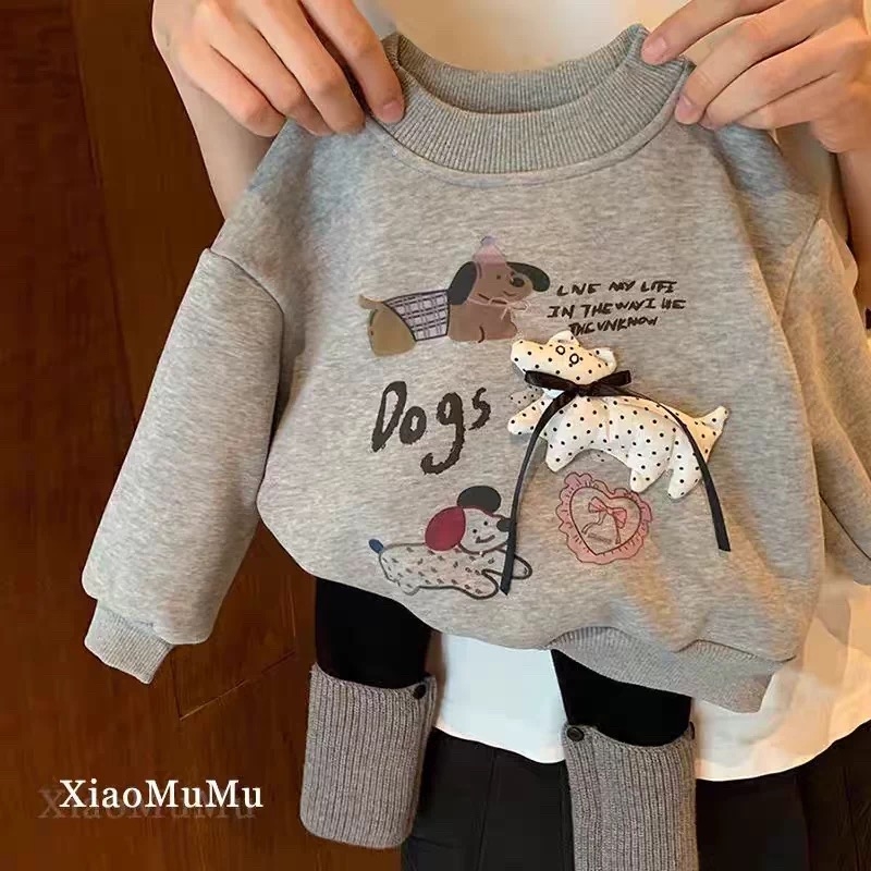 女童加绒卫衣秋冬2025新款韩系穿搭儿童卡童小狗加厚保暖圆领上衣