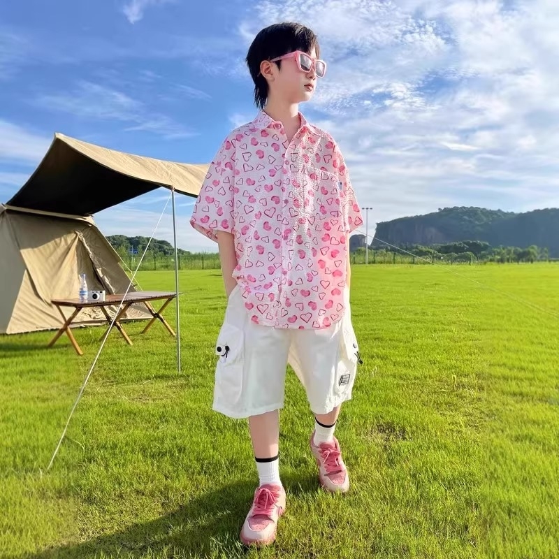 男童夏装衬衫套装2025新款儿童短袖短裤中大童男孩夏季休闲两件套
