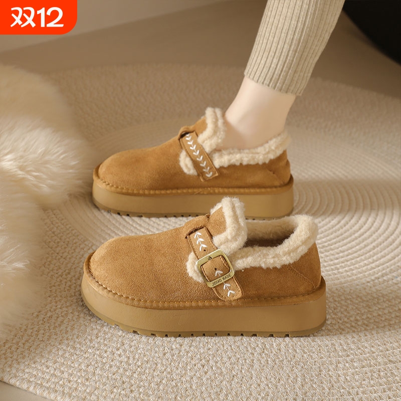 厚底加绒勃肯鞋女款2025新款冬季加厚保暖全包博肯毛毛棉鞋子平底