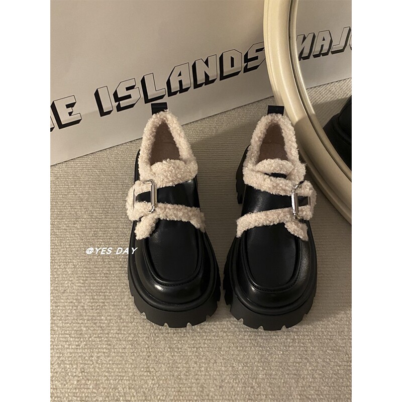 复古英伦风增高厚底魔术贴小皮鞋女2025冬季新款法式加绒保暖棉鞋