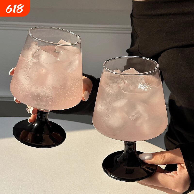 黑色高脚玻璃杯网红ins高级感女生气泡饮水杯微醺调酒鸡尾酒杯子