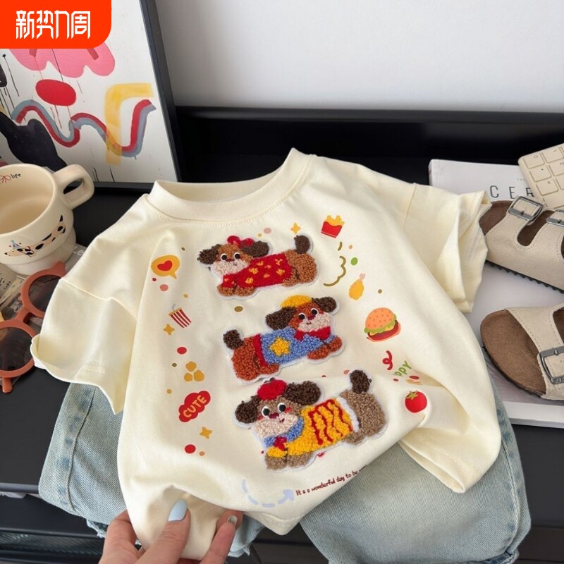 儿童纯棉短袖卡通玩偶T恤夏季新款宽松洋气可爱印花刺绣公仔上衣