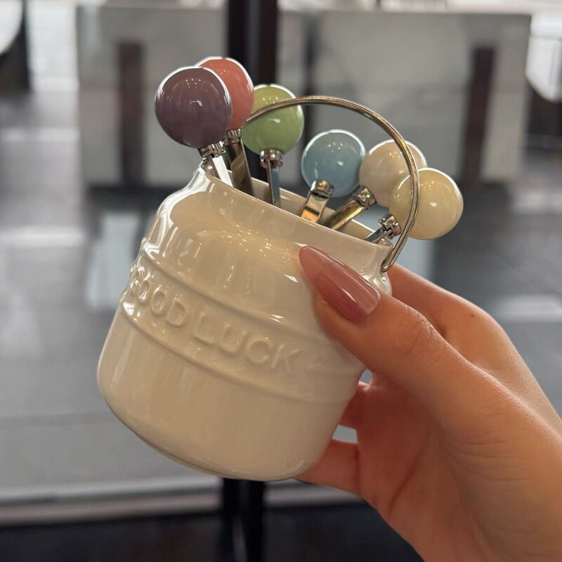 ins风高颜值水果叉套装甜品陶瓷果叉收纳罐可爱304不锈钢水果签