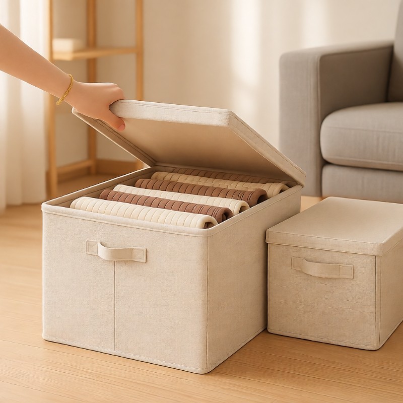 天山棉麻带盖收纳箱秋冬家用布艺衣柜衣服被子整理储物箱盒可折叠