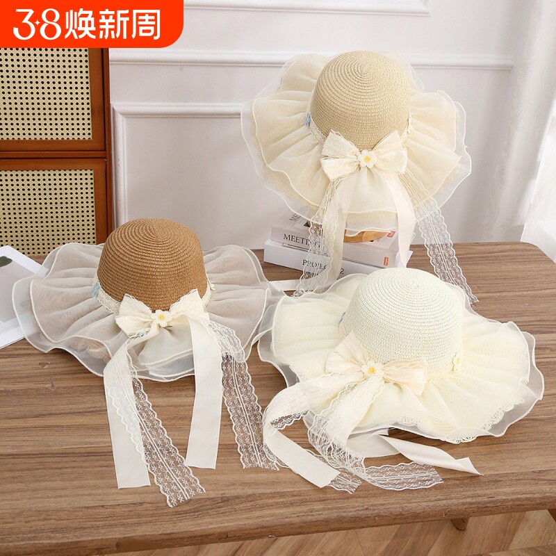 草编帽子女夏天户外旅游海边沙滩遮阳防晒太阳帽蕾丝蝴蝶结草帽潮